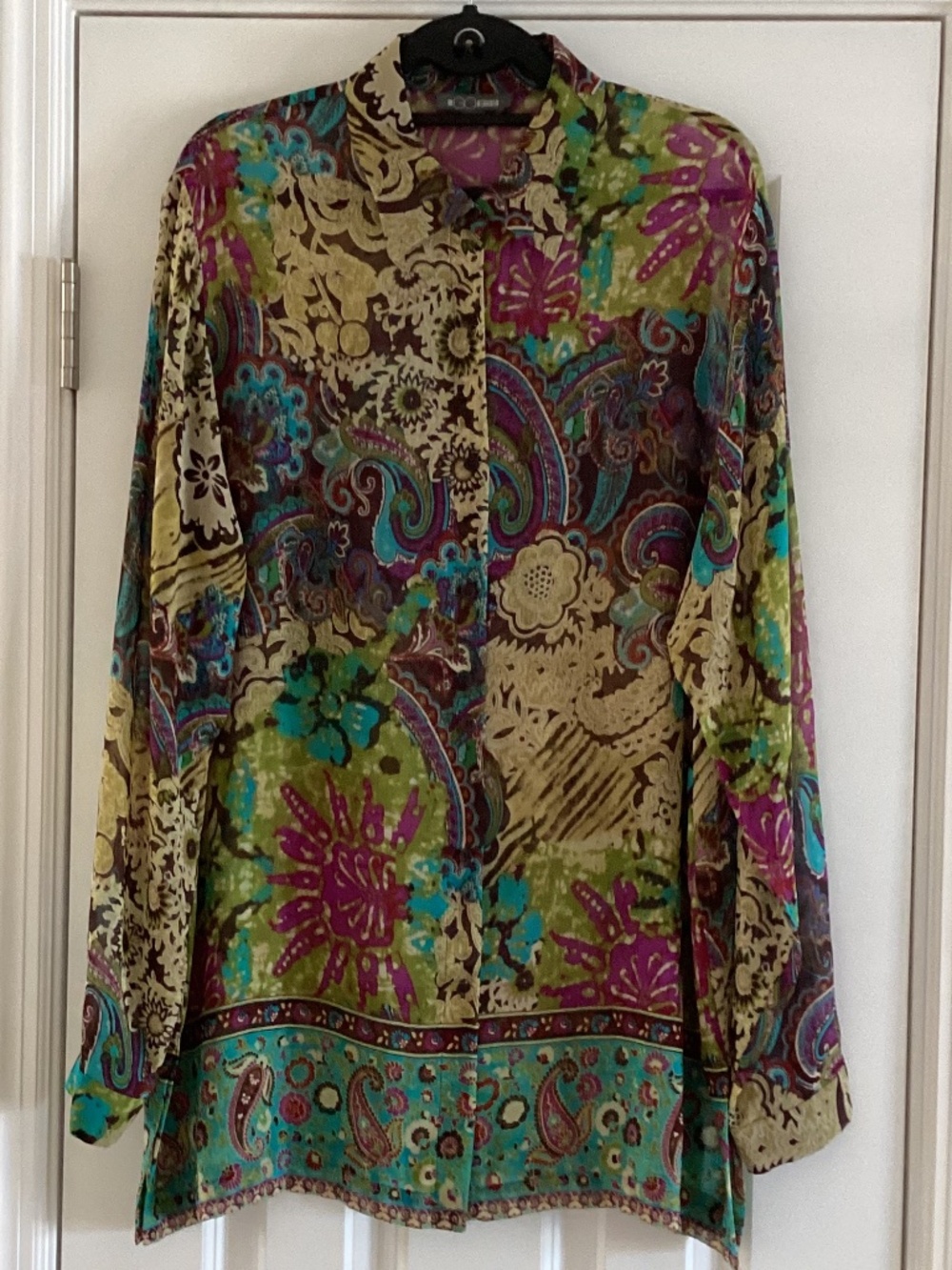 GO SILK Long Sleeve Floral Paisley Green Purple Blue Brown Button Blouse Tunic